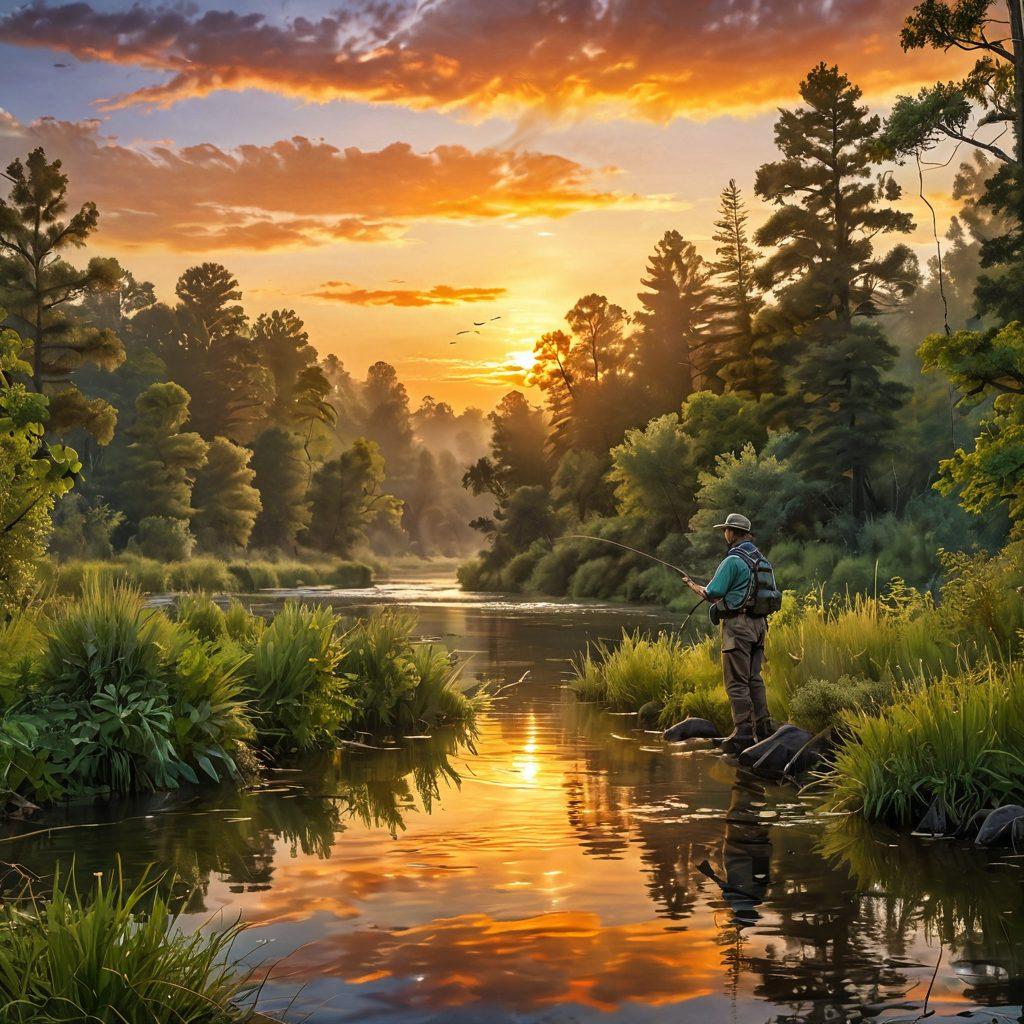 A serene river scene depicting a fly fisherman casting a line, surrounded by lush greenery and a vibrant sunset reflecting on the water. Various inexpensive flies scattered artfully around the scene, highlighting budget-friendly equipment. The atmosphere should evoke tranquility and expertise, encouraging beginners to explore. super-realistic. vibrant colors. nature setting.