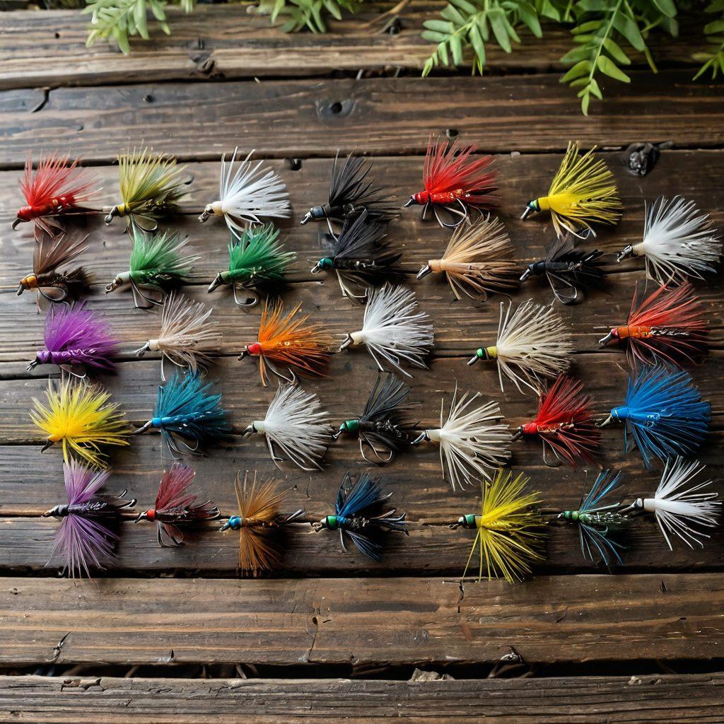 A close-up view of a colorful assortment of hand-tied fishing flies, neatly arranged on a rustic wooden table. In the background, include an outdoor scene with a serene river and lush greenery to evoke a sense of adventure. Add some low-cost tools and materials used for fly tying scattered around the flies. Use warm, natural lighting to create an inviting atmosphere. super-realistic. vibrant colors.