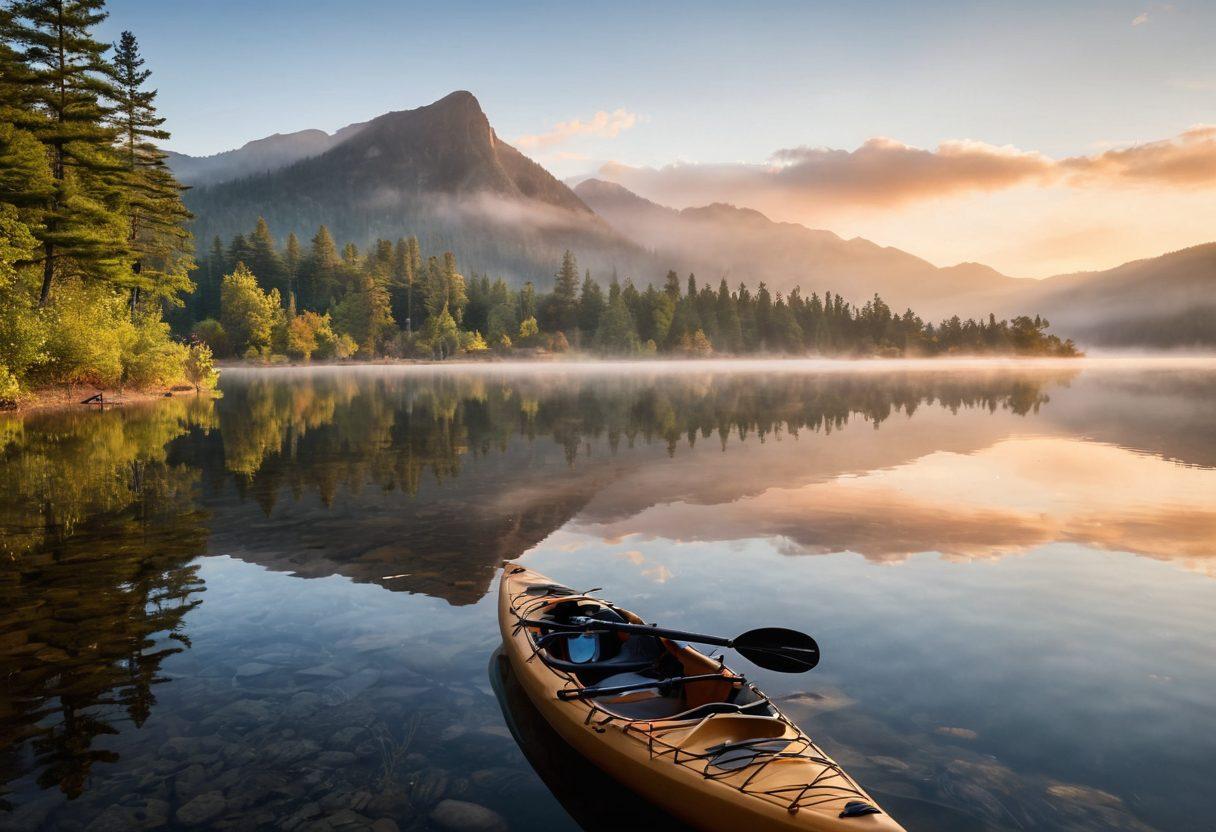 A serene lake scene at dawn, featuring an angler casting a line from a budget-friendly kayak. Surrounding the kayak, a variety of fishing gear and lures are artistically arranged, highlighting budget-conscious options. In the background, soft mist rises from the water, with vibrant trees and mountains reflecting in the calm surface. The atmosphere conveys tranquility and excitement for fishing enthusiasts. super-realistic. vibrant colors. natural scenery.